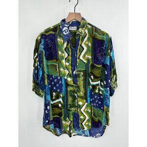 Rita York Pants Set Women Medium Blue Green Abstract Vintage Rayon Oversized